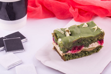 Pistachio cake from the chocolate biscuit in combination with the Belgian chocolate impregnated with kirsch and airy cream