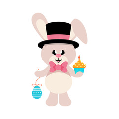 cartoon easter bunny with tie and hat and easter egg and cake