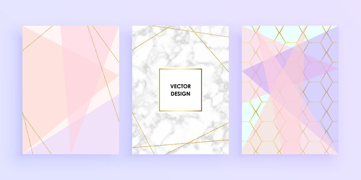 Set abstract geometric designs posters in gold, glitter, cream, light blue, pastel pink and marble texture background. Vector trendy geometric posters. Template for invitation card or poster design