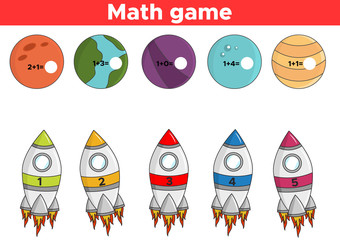 Math educational game for kids. Printable addition activities worksheet. Space theme. Rockets and planets. Vector illustration