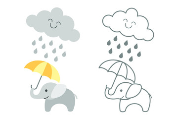 Cute baby elephant under rainy cloud - filled and outlined