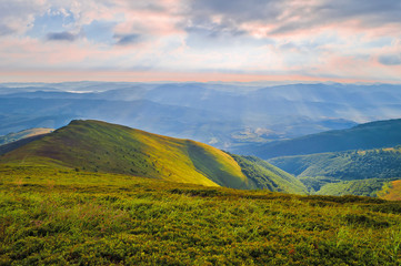 Dawn in the mountains. Summer mountain landscape. Carpathians, Ukraine, Europe