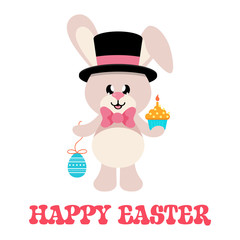 cartoon easter bunny with tie and hat and easter egg and cake with text