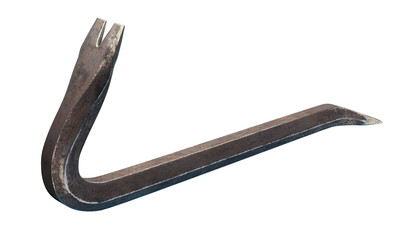 3D illustration of a rusty crowbar in perspective view on a white background