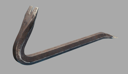 3D illustration of a rusty crowbar in perspective view on a grey background