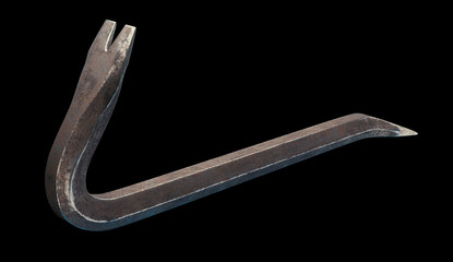 3D illustration of a rusty crowbar in perspective view on a black background