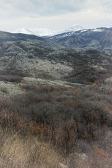 Vintage mountain landscape on cloudy winter day. Balkans, Montenegro, Sitnica region