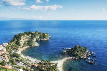 Aeriel view of Isola Bella beach and Taormina, Sicily