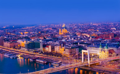 Beautiful night scene of the Budapest cityscape illuminated at twilight in Hungary.