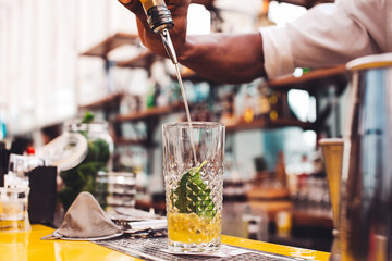Bartender makes a cocktail.