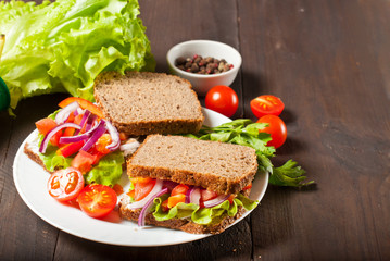 Fototapeta na wymiar Vegan burger or sandwiches with rye bread, different vegetables and sprouts. Concept of healthy eating or vegetarian food.