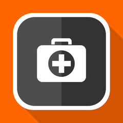 First aid vector icon. Flat design square internet gray button on orange background.
