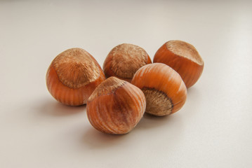 Five Hazelnuts. Fresh organic filbert on white background. Nut macro. Collection.