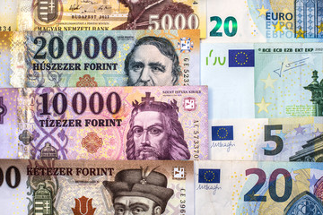 Euro and Hungarian forint bills mixed. Euro forint exchange rate