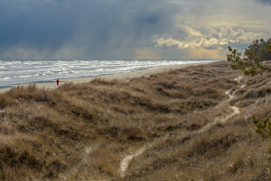 Promenad p&aring; strand vid havet en mulen vinterdag