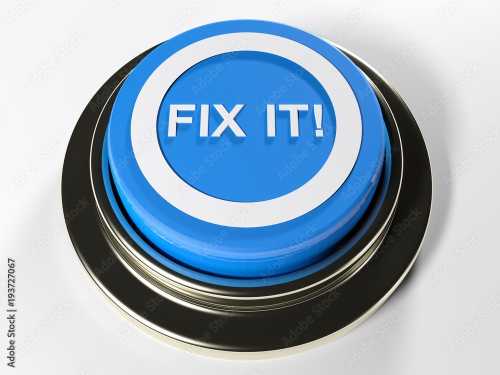 Poster fix it! blue push button - 3d rendering