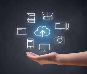 Hand holding technology related icons