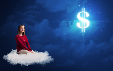 Woman sitting on cloud with cash sign