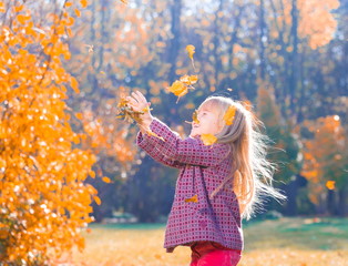 Girl, garden, autumn, falling leaves