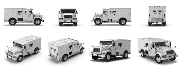 Modern Bank Armored Car renders set from different angles on a white. 3D illustration - 193727230