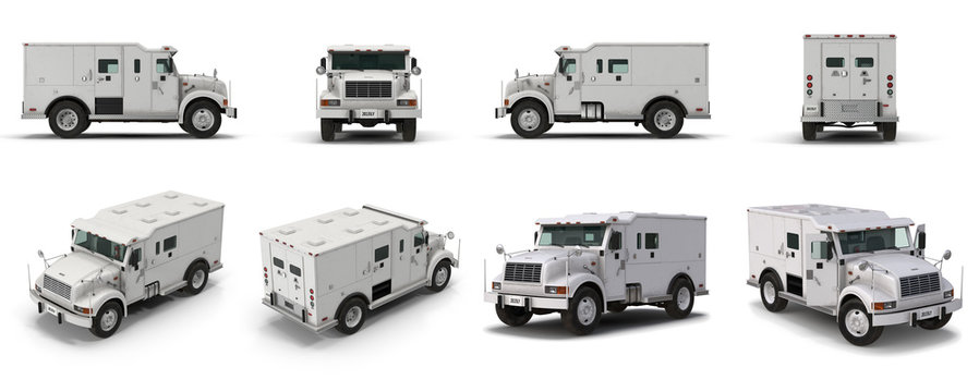 Modern Bank Armored Car renders set from different angles on a white. 3D illustration