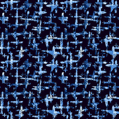 Watercolor seamless pattern with brush cross and strokes. Blue color on dark background. Hand painted grange texture. Ink geometric elements. Fashion modern style. Endless fabric print.