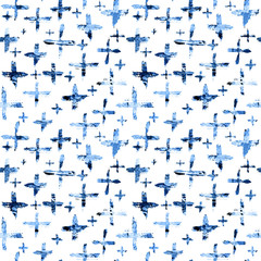 Watercolor seamless pattern with brush cross and strokes. Blue color on white background. Hand painted grange texture. Ink geometric elements. Fashion modern style. Endless fabric print.
