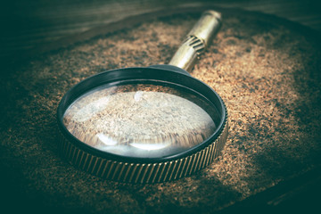 Old magnifying glass or loupe on cork background.