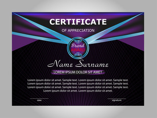 Horizontal certificate or diploma template with purple and blue decorative elements on black background. Vector