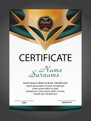 Vertical certificate or diploma template with gold and turquoise decorative elements on white background. Vector