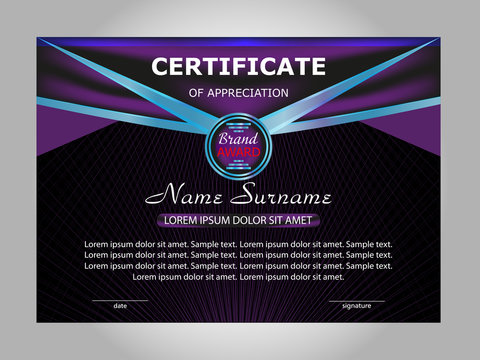 Horizontal certificate or diploma template with purple and blue decorative elements on black background. Vector