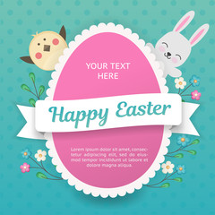 Vector illustration for the Easter holiday. An image of a rabbit and a chick looks out from behind a silhouette in the form of an egg. Frame with flowers and place for text.