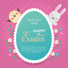 Vector illustration for the Easter holiday. An image of a rabbit and a chick looks out from behind a silhouette in the form of an egg. Frame with flowers and place for text.