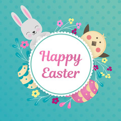 An image of a rabbit and a chick look out from behind a circle with openwork edges. Frame with flowers and place for text. Vector illustration for the Easter holiday.