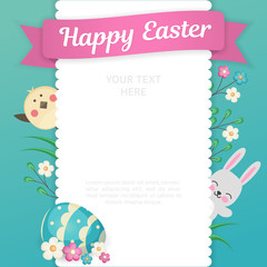 The image of a rabbit and a chick looks out from behind a square frame with openwork edges. Emblem with flowers and place for text.