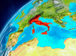 Space view of Italy in red