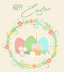 Greeting card with eggs, flowers and Easter cake.
