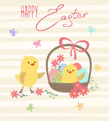 Easter card with chickens and basket with eggs