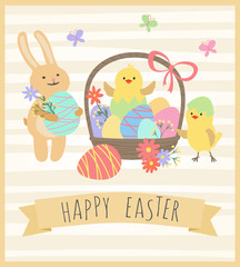 Easter card with rabbit, funny chickens and basket with eggs