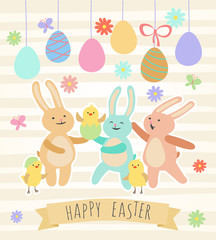 Easter card with cute rabbits, funny chickens and eggs