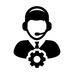 Service Icon Vector Male Operator Person Profile Avatar with Headset and Gear Cog Symbol for Industrial Business Support in Glyph Pictogram illustration