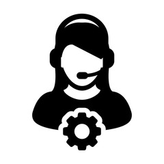 Service Icon Vector Female Operator Person Profile Avatar with Headset and Gear Cog Symbol for Industrial Business Support in Glyph Pictogram illustration