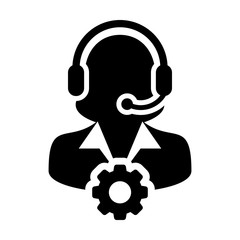 Service Icon Vector Female Operator Person Profile Avatar with Headset and Gear Cog Symbol for Industrial Business Support in Glyph Pictogram illustration