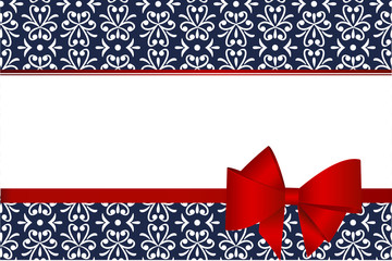 Invitation, Greeting or Gift Card With Red Ribbon And A Bow  on Decorative Elements  background. Blue Gift Voucher Template with  place for text.