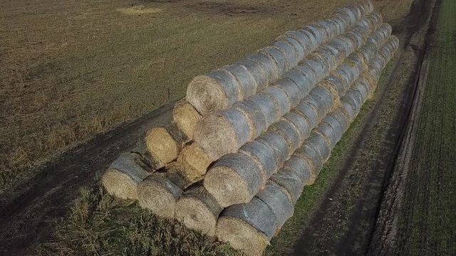 Strohballen gestapelt am Ackerrand 