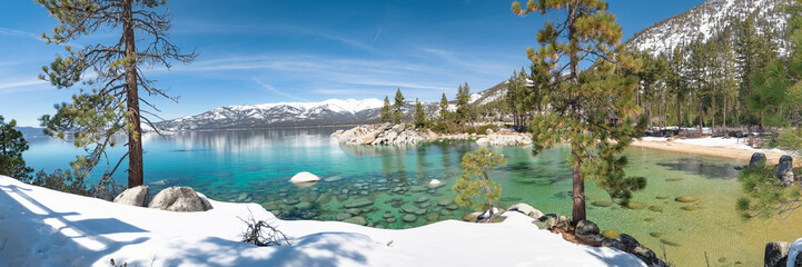 Sand Harbor beach in winter panorama, Lake Tahoe