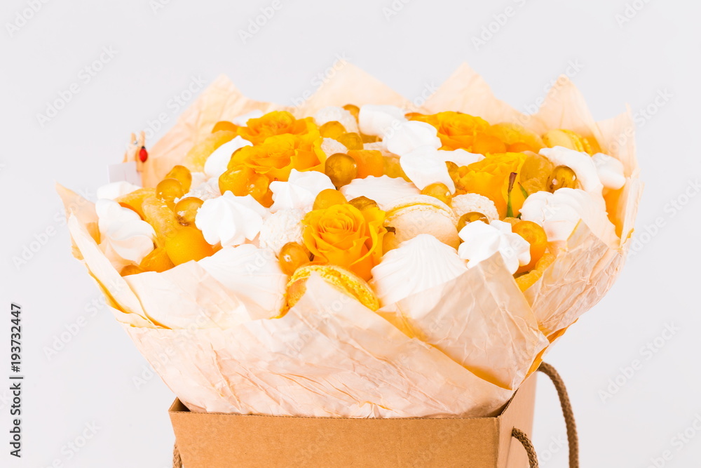 Wall mural flowers, fruit bouquet, white isolated, yellow rose, marshmallows