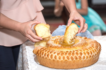 Bulgarian traditional bread with decoration. Traditional bread for a wedding ceremony. Bulgaria.