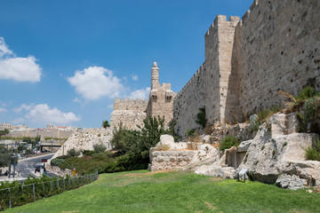 Tower of David citadel and the Old City walls of Jerusalem.