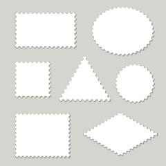 Blank postage stamps different shapes set - triangle, square, round, oval, rhombus.